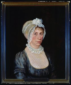 Halflang portret van Sarah Ward Brigham met een laag uitgesneden jurk met kanten details en een kanten muts